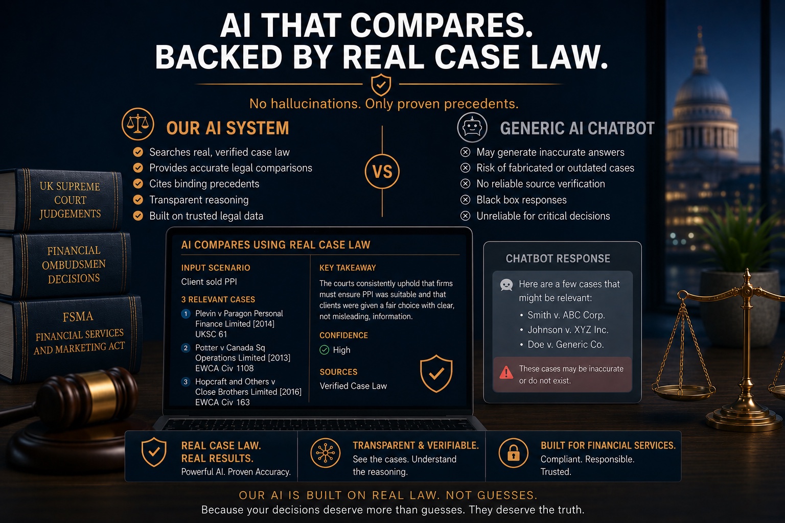 AI that compares, backed by real case law — our system cites verified precedents, while a generic chatbot may fabricate cases