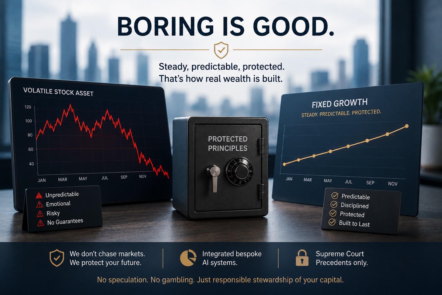Boring is good — a volatile stock chart beside steady fixed growth, with a safe of protected principles between them