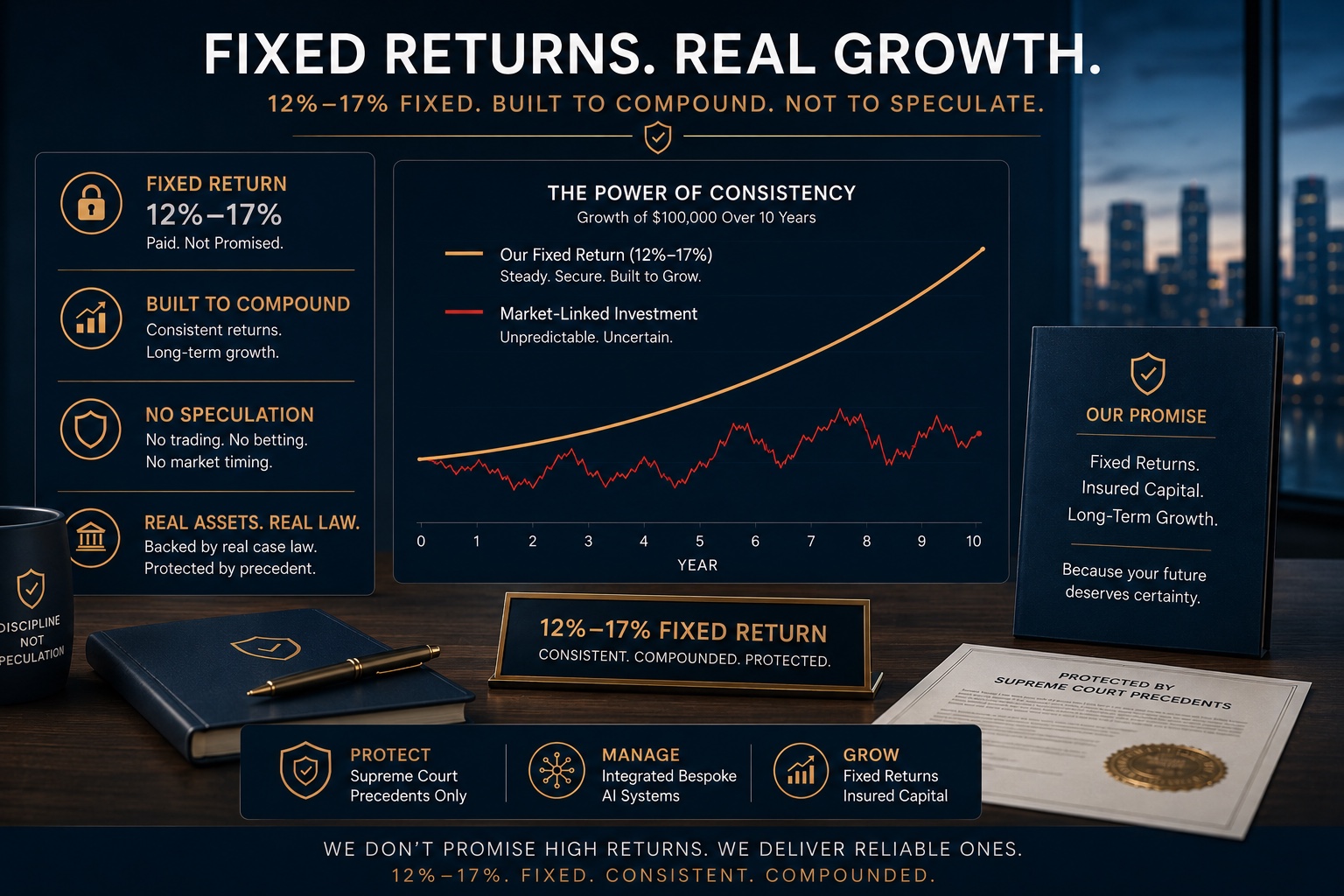 Fixed returns, real growth — an indicative 12–17% fixed return built to compound rather than speculate