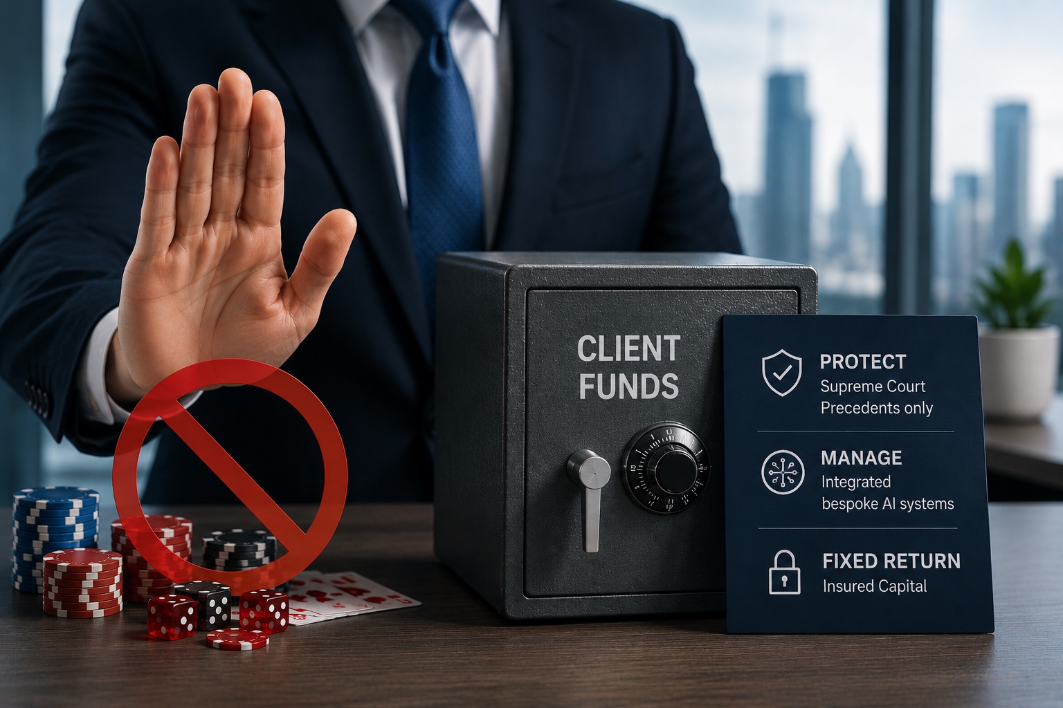 A hand raised to refuse gambling chips and dice beside a Client Funds safe — we protect, we don't speculate